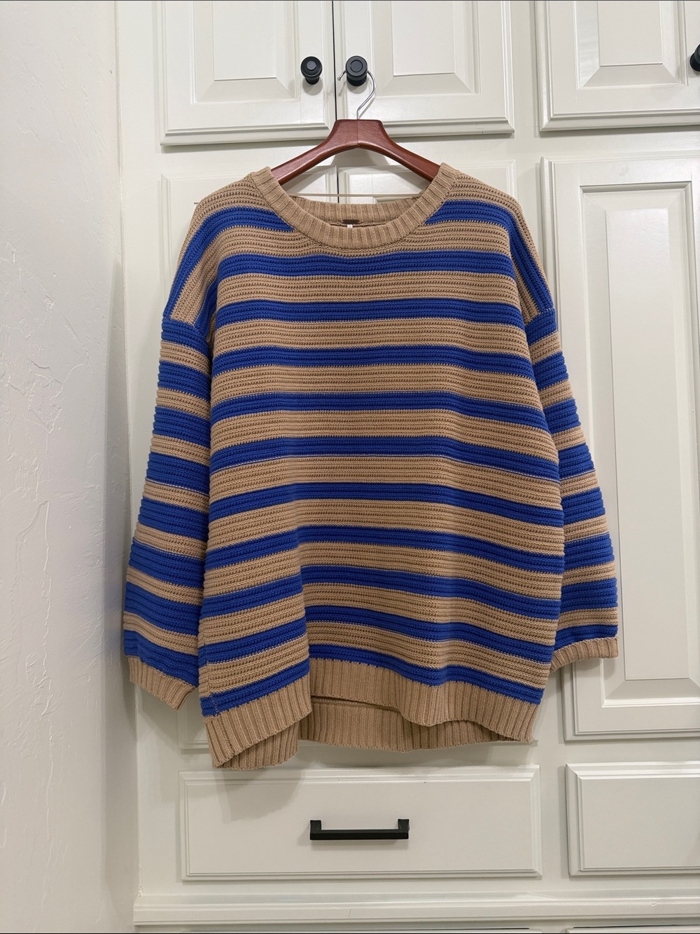 Free People Tan and Blue Striped Crewneck Sweater